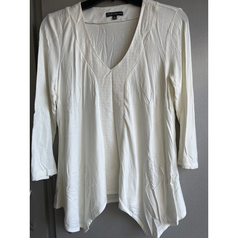Adrianna Papell Stretch Flutter Embroidered 3/4 Sleeve Top Womens Size S Creme